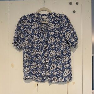 Blue and white J Crew Factory button front cotton linen blend blouse